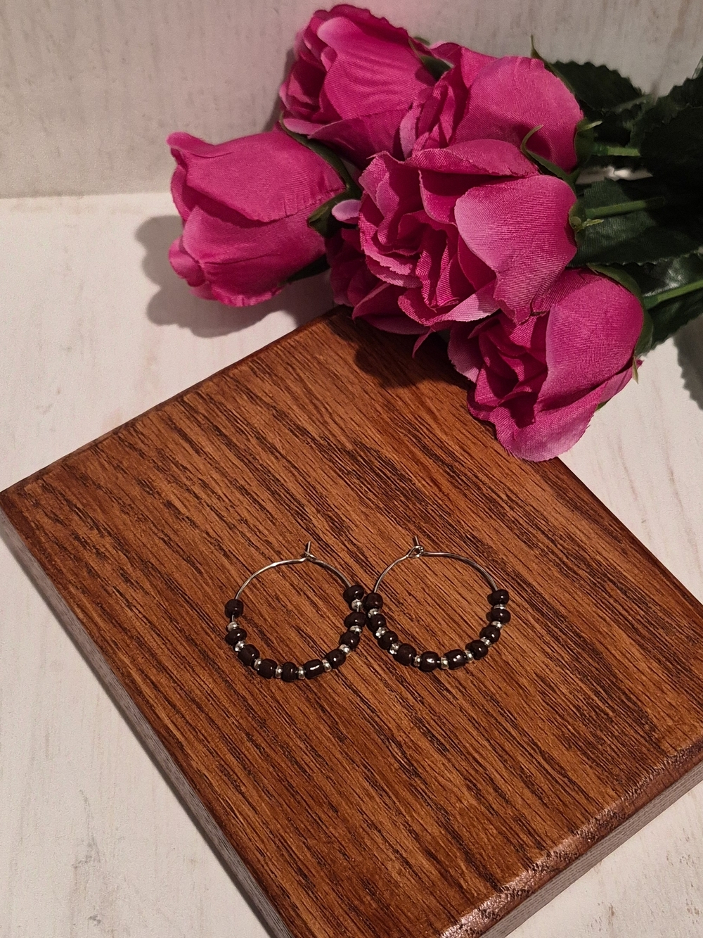 Beaded Hoop Earrings in Black with Silver Accents